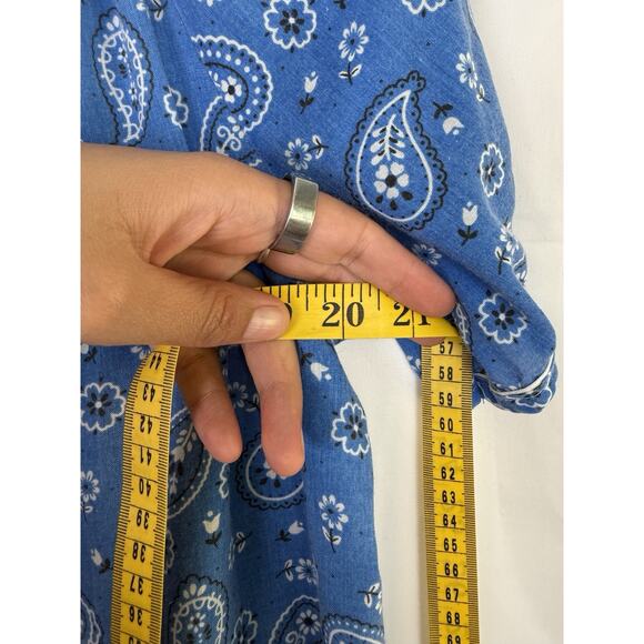 Vintage 70s Blue Paisley House Dress Embroidered Pockets Cowgirl Mini - Picture 8 of 9